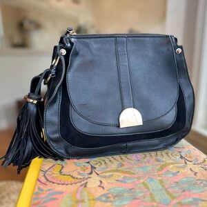 Black & Gold Tassel Faux Leather & Suede Crossbody Shoulder Purse